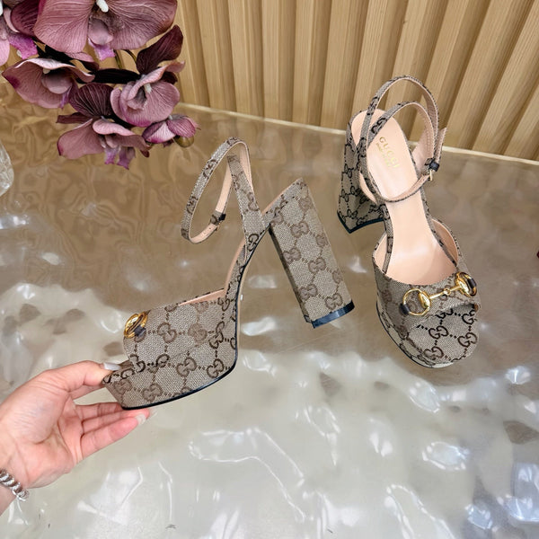 GG 26s Horsebit Platform Sandals 11cm Beige Brown Canvas 886501