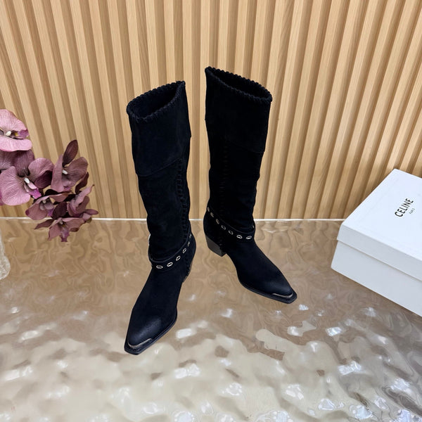 CE 26s Western Knee-High Boots Black Suede 995403
