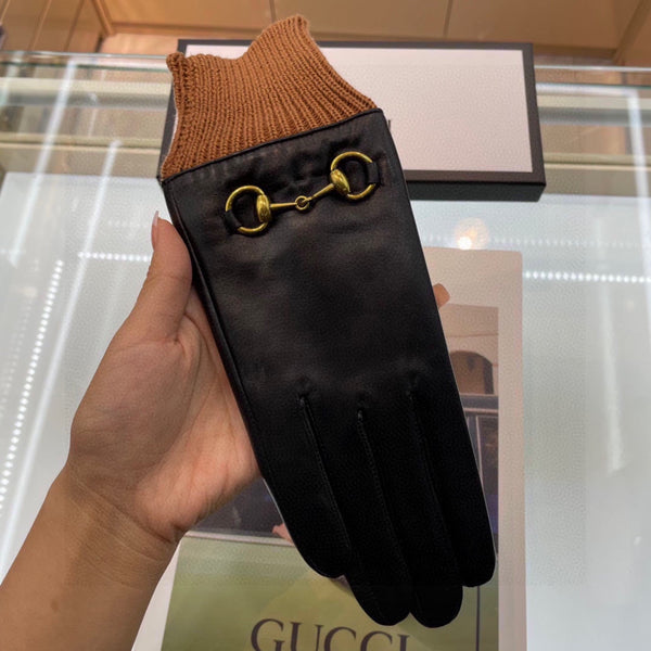 HORSEBIT GLOVES IN BLACK LAMBSKIN MIX GINGERBREAD BROWN WOOL 465052