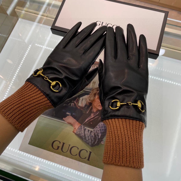HORSEBIT GLOVES IN BLACK LAMBSKIN MIX GINGERBREAD BROWN WOOL 465052