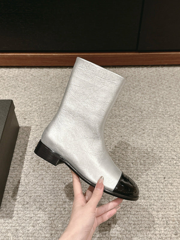 CC Short Boot Silver Metalic Lambskin Black Patent Calfskin