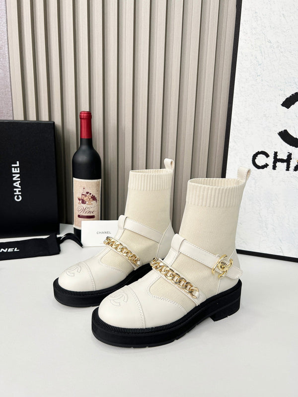 CC 26s Combat Sock Boots White Calfskin Ribbed Knit 924506