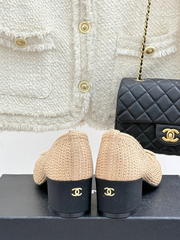 CC 25P Hollow Double C Ballet Flats 50mm Beige Raffia 265638