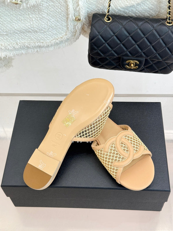 CC Openwork Slippers Beige Mesh Lambskin 825759