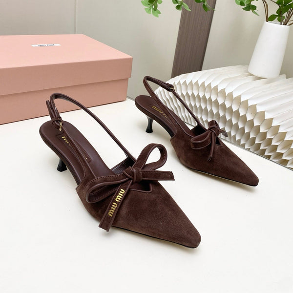 Miu 26s Slingback Pumps 55mm In Dark Brown Suede With Bow