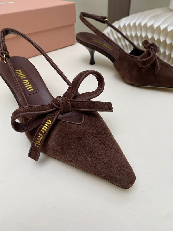 Miu 26s Slingback Pumps 55mm In Dark Brown Suede With Bow