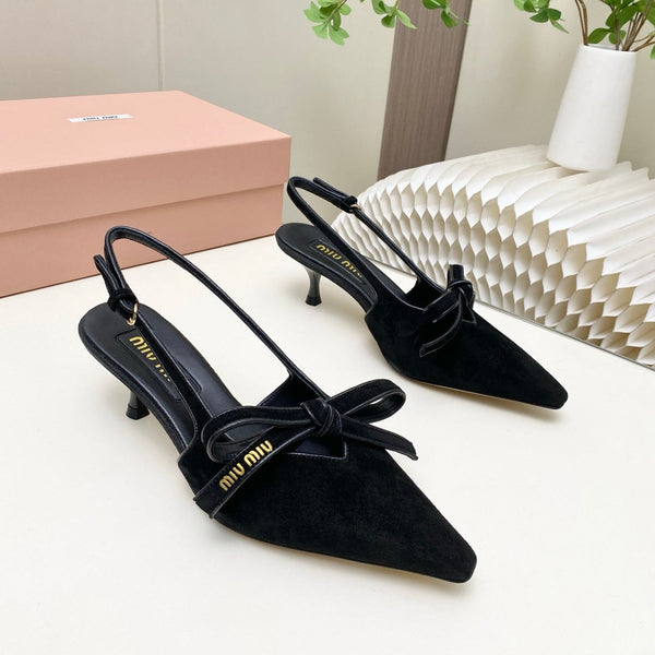 Miu 26s Slingback Pumps 55mm In Black Suede With Bow