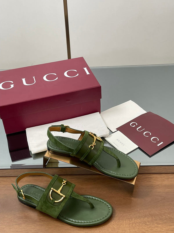 GG Horsebit Thong Flat Sandals Olive Green Sheepskin Suede 646470