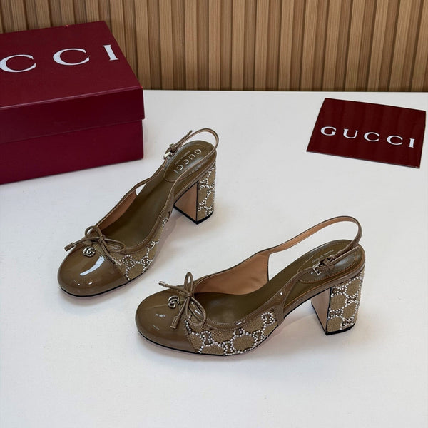 GG 26s Embellished Slingback Pumps 8CM Light Brown Denim 997170