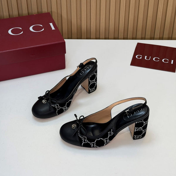 GG 26s Embellished Slingback Pumps 8CM Black Velvet 997166