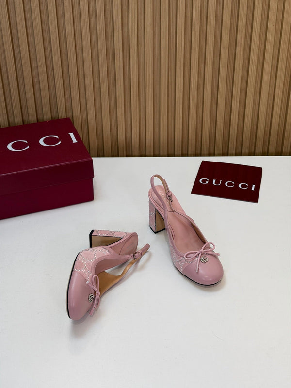 GG 26s Embellished Slingback Pumps 8CM Pink Velvet 997164