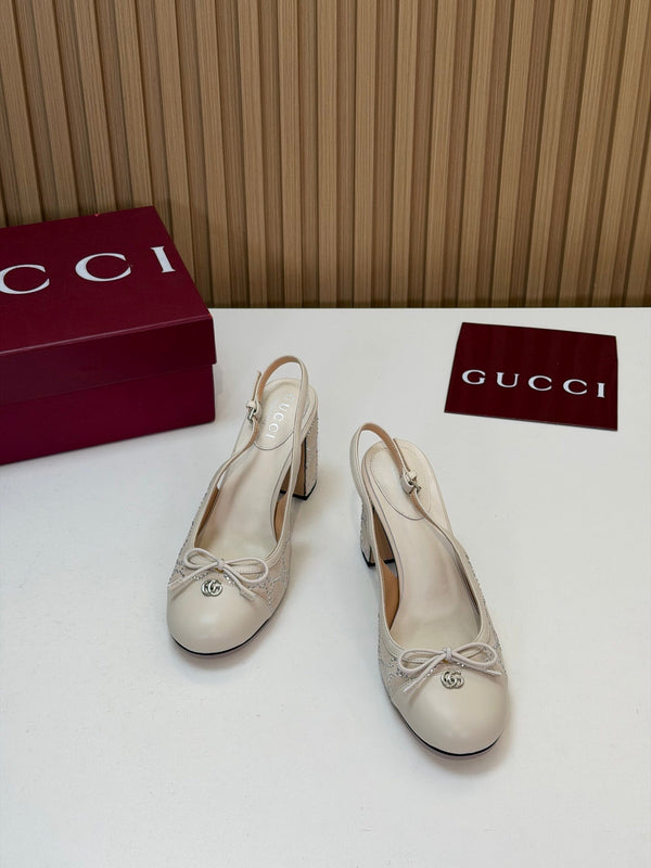 GG 26s Embellished Slingback Pumps 8CM Cream Velvet 997165