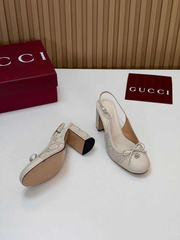 GG 26s Embellished Slingback Pumps 8CM Cream Velvet 997165