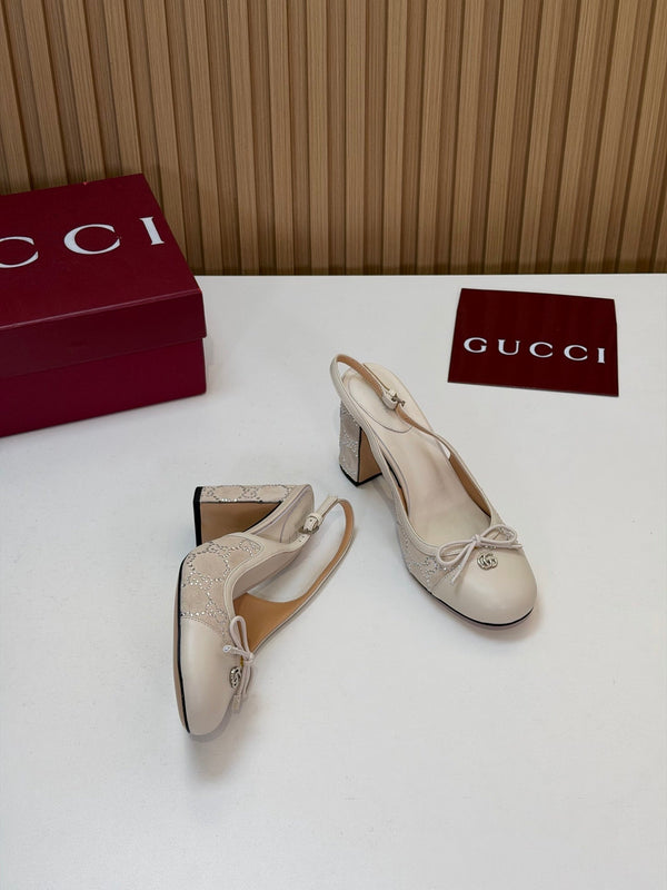 GG 26s Embellished Slingback Pumps 8CM Cream Velvet 997165