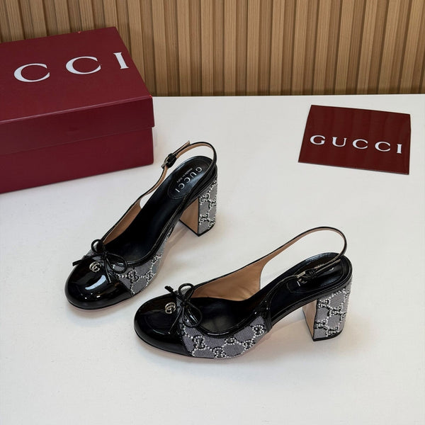 GG 26s Embellished Slingback Pumps 8CM Grey Black Patent Leather 997167