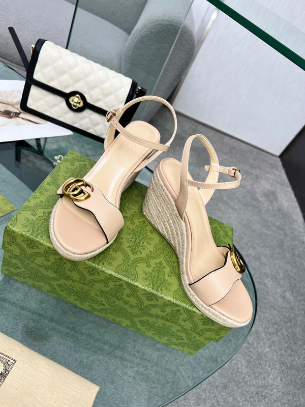 GG 26s Straw Platform Sandals 8cm Light Pink Leather 926713