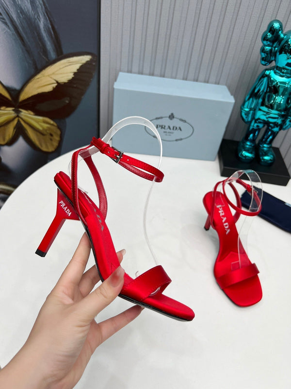 Prad 26s Ankle Strap Sandals Stiletto Heel 80mm In Dark Red Satin