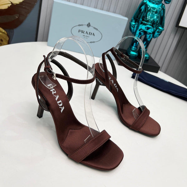 Prad 26s Ankle Strap Sandals Stiletto Heel 80mm In Dark Brown Satin