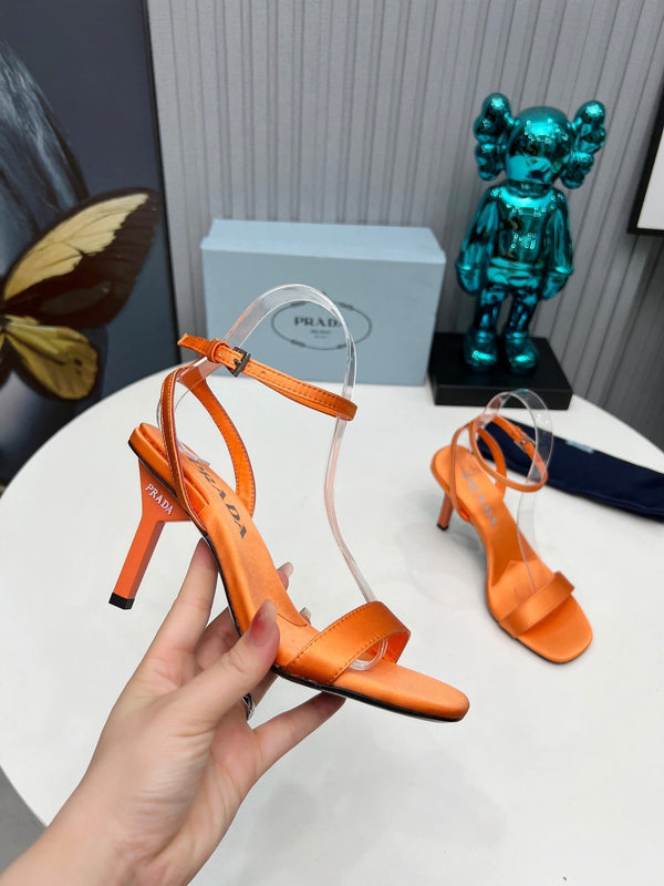 Prad 26s Ankle Strap Sandals Stiletto Heel 80mm In Orange Satin