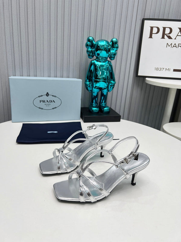 Prad 26s Strappy Sandals Stiletto Heel 60mm In Silver Calfskin