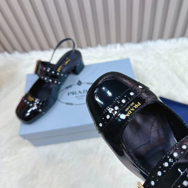 Prad 26s Square Toe Studded Slingback Block Heel 40mm In Black Patent Calfskin