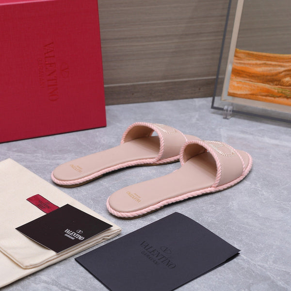 VLTN Torchon Slide Sandal Light Pink Leather Canvas 941250Cream