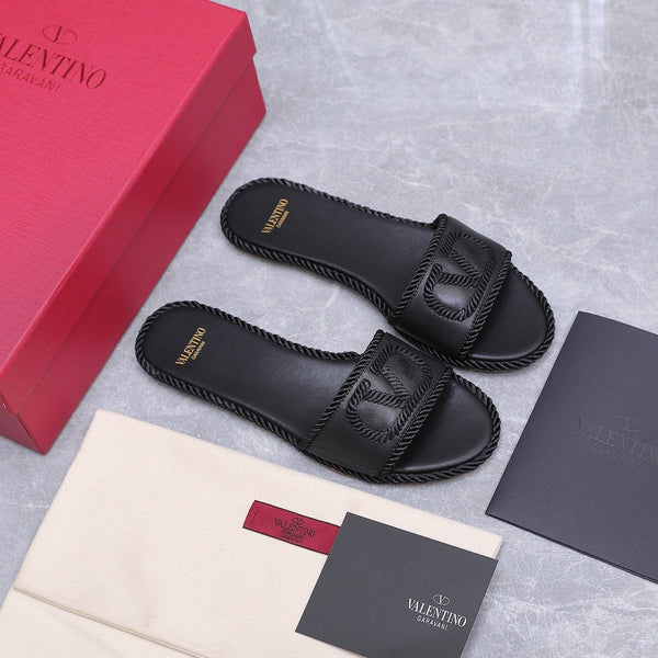 VLTN Torchon Slide Sandal Black Leather Canvas 94125
