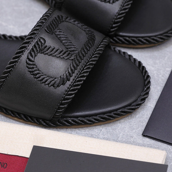 VLTN Torchon Slide Sandal Black Leather Canvas 94125
