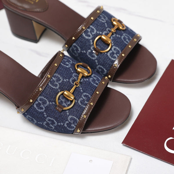 GG 26s Horsebit Mid-Heel Slide Sandal 6.5cm Brown Blue Canvas Lambskin 961274