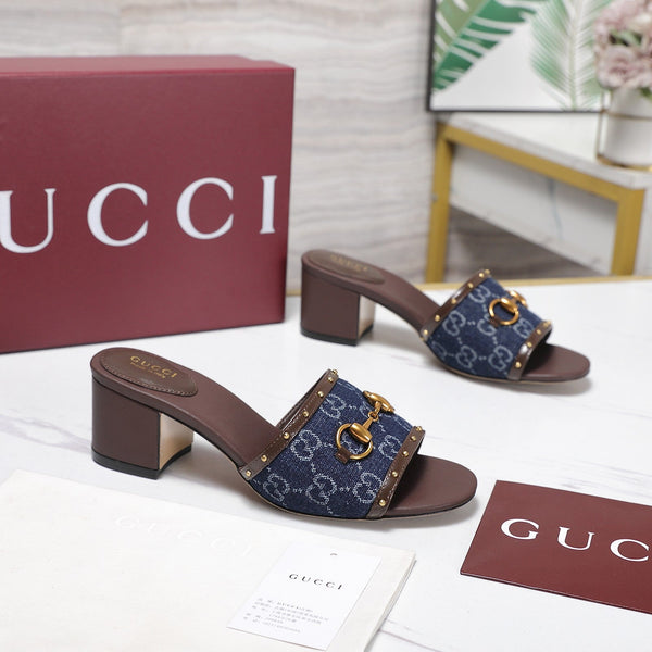 GG 26s Horsebit Mid-Heel Slide Sandal 6.5cm Brown Blue Canvas Lambskin 961274