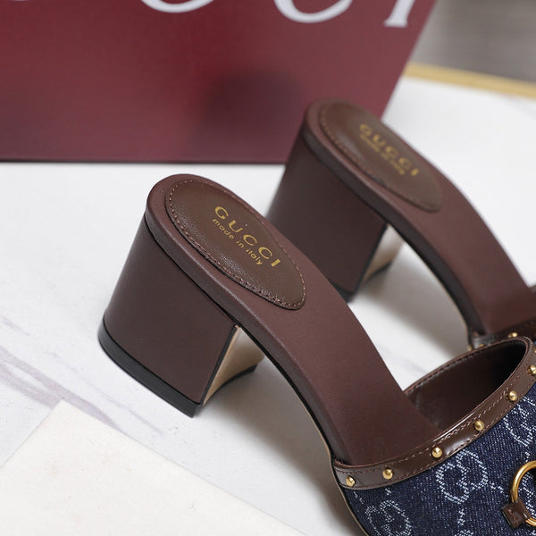 GG 26s Horsebit Mid-Heel Slide Sandal 6.5cm Brown Blue Canvas Lambskin 961274