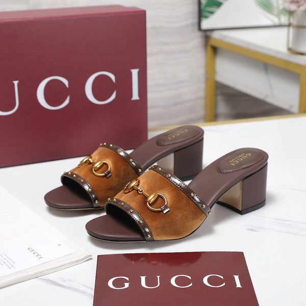 GG 26s Horsebit Mid-Heel Slide Sandal 6.5cm Brown Velvet Lambskin 961276
