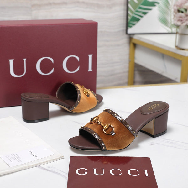 GG 26s Horsebit Mid-Heel Slide Sandal 6.5cm Brown Velvet Lambskin 961276