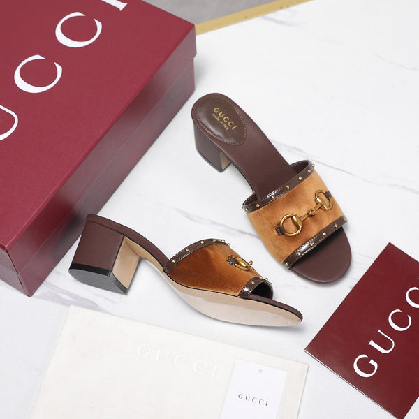 GG 26s Horsebit Mid-Heel Slide Sandal 6.5cm Brown Velvet Lambskin 961276