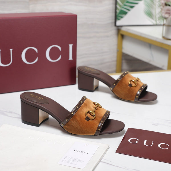 GG 26s Horsebit Mid-Heel Slide Sandal 6.5cm Brown Velvet Lambskin 961276