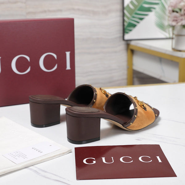 GG 26s Horsebit Mid-Heel Slide Sandal 6.5cm Brown Velvet Lambskin 961276
