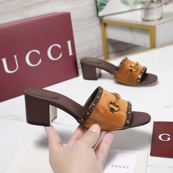 GG 26s Horsebit Mid-Heel Slide Sandal 6.5cm Brown Velvet Lambskin 961276
