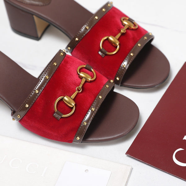 GG 26s Horsebit Mid-Heel Slide Sandal 6.5cm Red Velvet Lambskin 961277