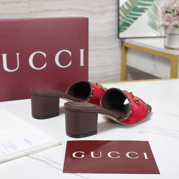 GG 26s Horsebit Mid-Heel Slide Sandal 6.5cm Red Velvet Lambskin 961277