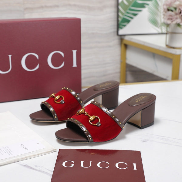 GG 26s Horsebit Mid-Heel Slide Sandal 6.5cm Red Velvet Lambskin 961277