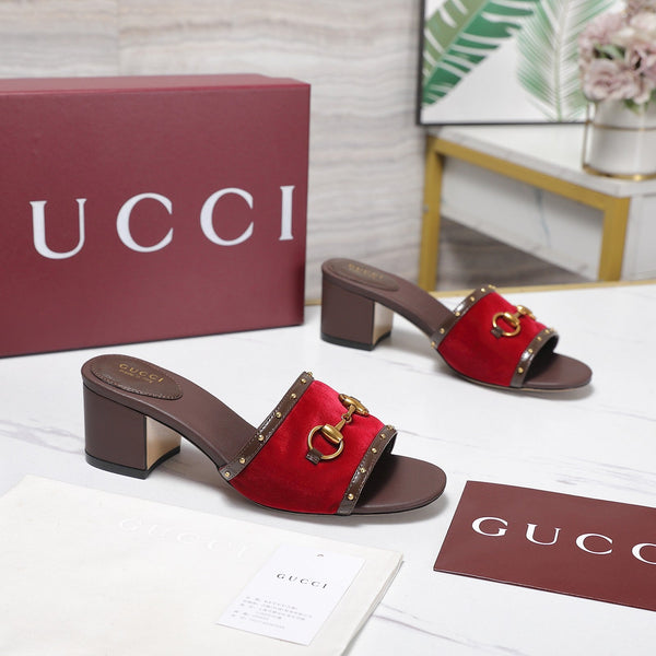 GG 26s Horsebit Mid-Heel Slide Sandal 6.5cm Red Velvet Lambskin 961277