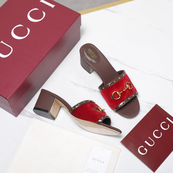 GG 26s Horsebit Mid-Heel Slide Sandal 6.5cm Red Velvet Lambskin 961277