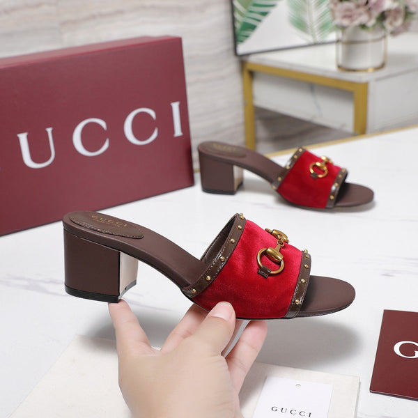 GG 26s Horsebit Mid-Heel Slide Sandal 6.5cm Red Velvet Lambskin 961277