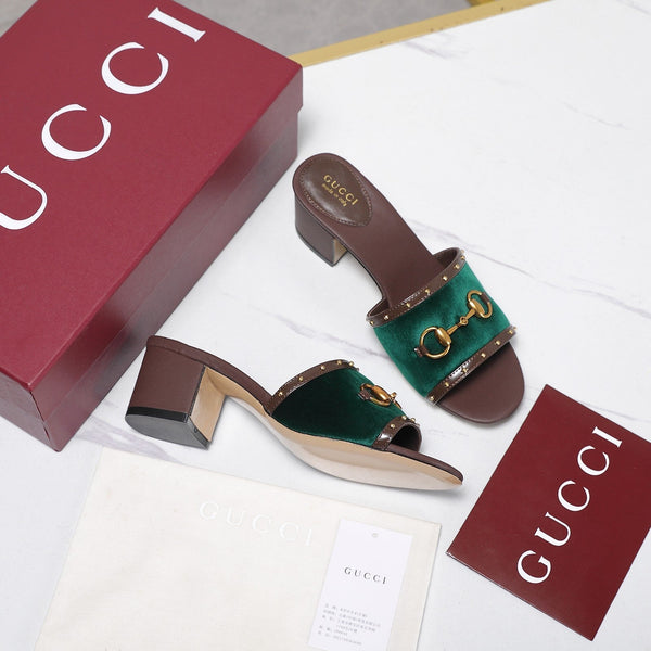 GG 26s Horsebit Mid-Heel Slide Sandal 6.5cm Green Velvet Lambskin 961278