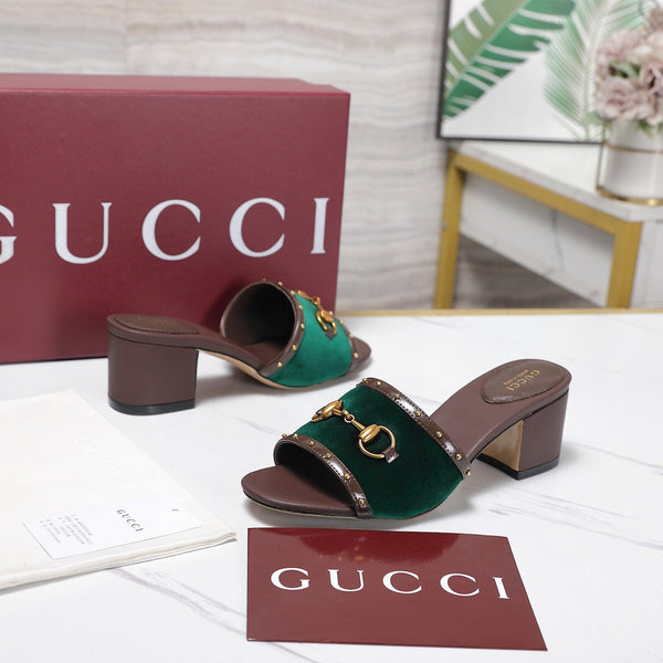 GG 26s Horsebit Mid-Heel Slide Sandal 6.5cm Green Velvet Lambskin 961278