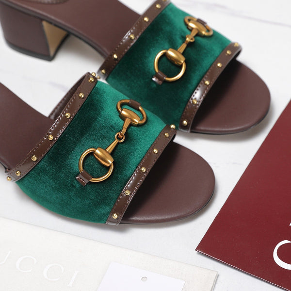 GG 26s Horsebit Mid-Heel Slide Sandal 6.5cm Green Velvet Lambskin 961278
