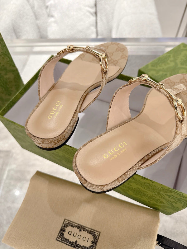 GC Horsebit Thong Sandals Beige Canvas Leather 292475