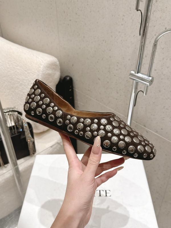 CL 26s Flat Shoes In Dark Brown Suede With Metal Studs