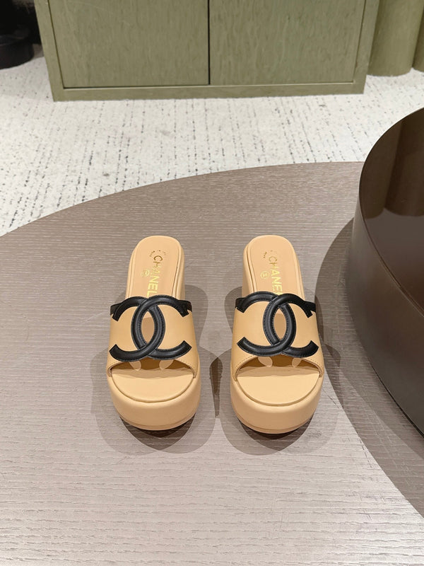 CC 26s Platform Mules Black Beige Lambskin 916990