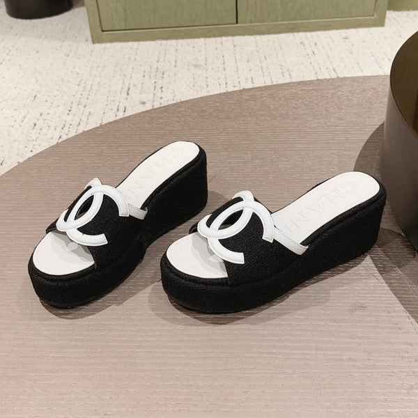 CC 26s Platform Mules Black White Lambskin Fabric 916992